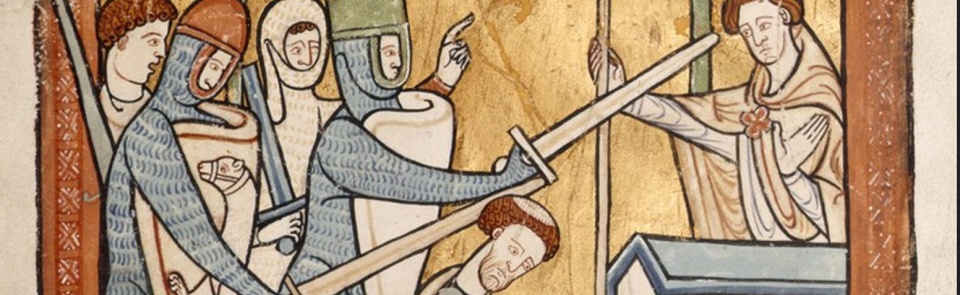13th cent depiction of the assassination – Hugh de Morville is one of the four knights shown.  